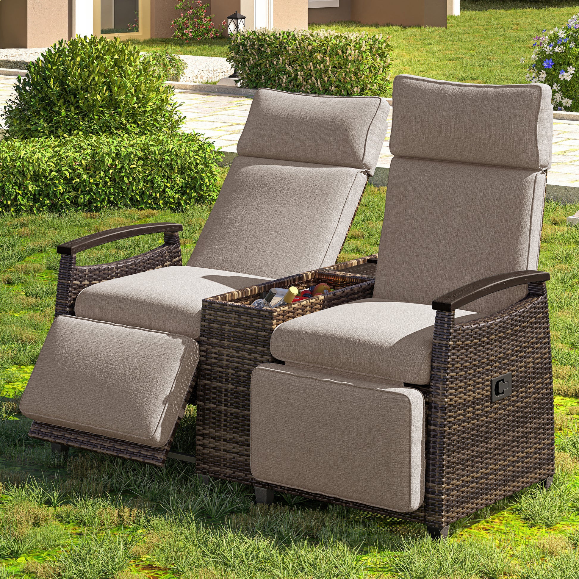 Patio Recliner Loveseat Chair, Adjustable Backrest Wicker Outdoor Lounge Chair Set with Acacia Wood Armrests and Built-in Storage Table for Balcony, Porch, Lawn, Brown