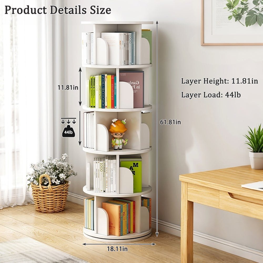 Chic Crate-5-Tier Rotating Bookshelf – 360° Display | Space-Saver | Warm White | Bedroom/Living Room/Office