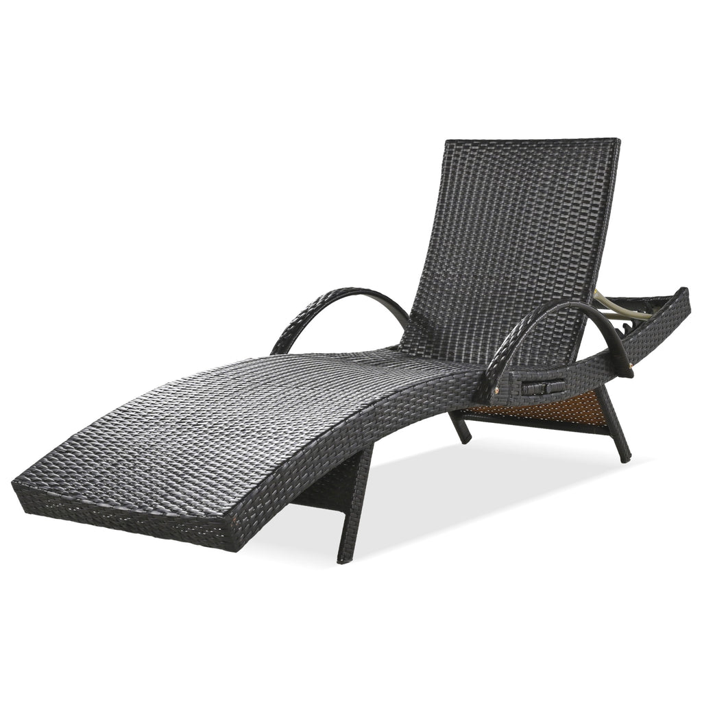 80'' Outdoor Wicker Chaise Lounge Chairs Set of 2, Patio Rattan Reclining Chair Pull-out Side Table Adjustable Backrest Ergonomic Wave Design Pool Sunbathing Recliners, Dark Brown