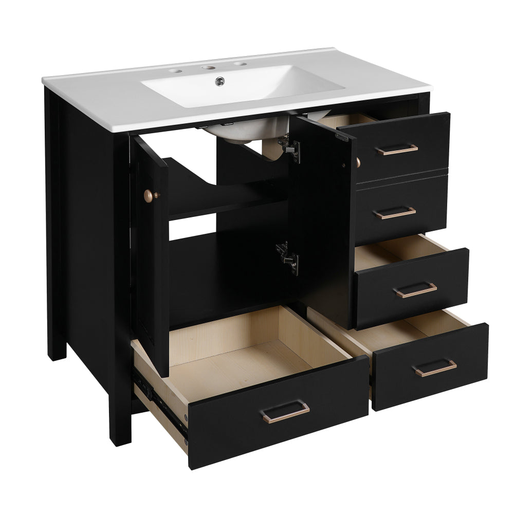 Chic Crate-36In Bathroom Vanity – Ceramic Sink w/4 Drawers & Soft-Close Doors | Solid Wood Frame | Freestanding | Black