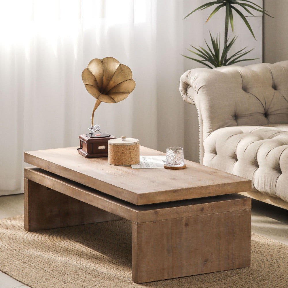 Chic Crate - Modern Rustic Wood Coffee Table with Natural Wood Grain Texture - Rectangular Living Room Center Table 47.6" L * 23.6" W * 16.3" H