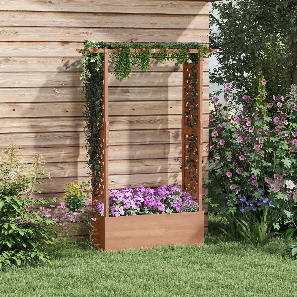Chic Crate - Raised Garden Bed with Arch Trellis for Vine Climbing Plants, Hanging Flowers, 70.75" Tall Outdoor Wood Planter Box with Drainage Hole & Fabric Filter for Backyard, Patio, Brown