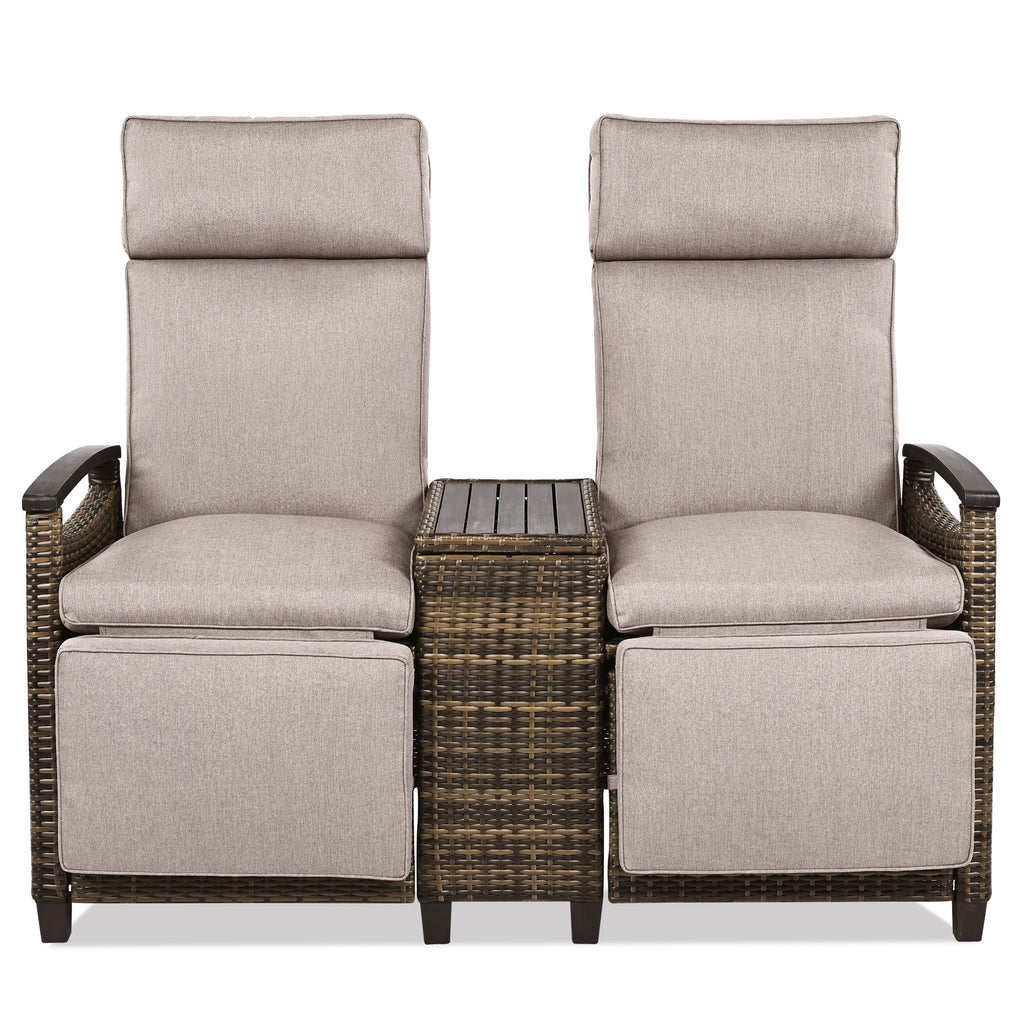 Patio Recliner Loveseat Chair, Adjustable Backrest Wicker Outdoor Lounge Chair Set with Acacia Wood Armrests and Built-in Storage Table for Balcony, Porch, Lawn, Brown