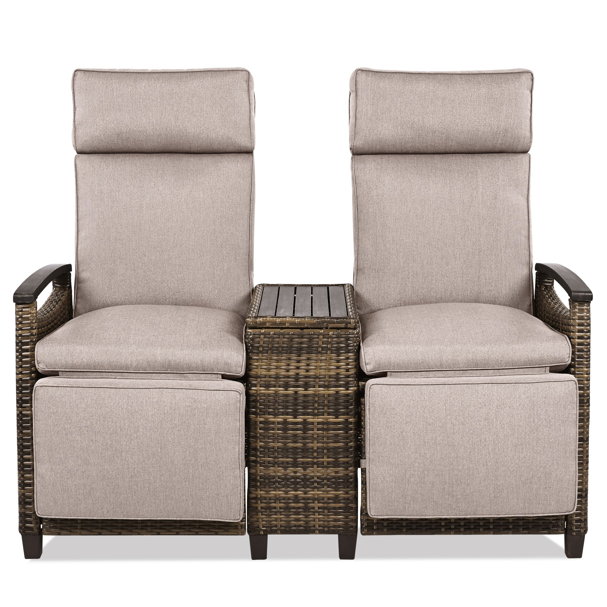 Patio Recliner Loveseat Chair, Adjustable Backrest Wicker Outdoor Lounge Chair Set with Acacia Wood Armrests and Built-in Storage Table for Balcony, Porch, Lawn, Brown