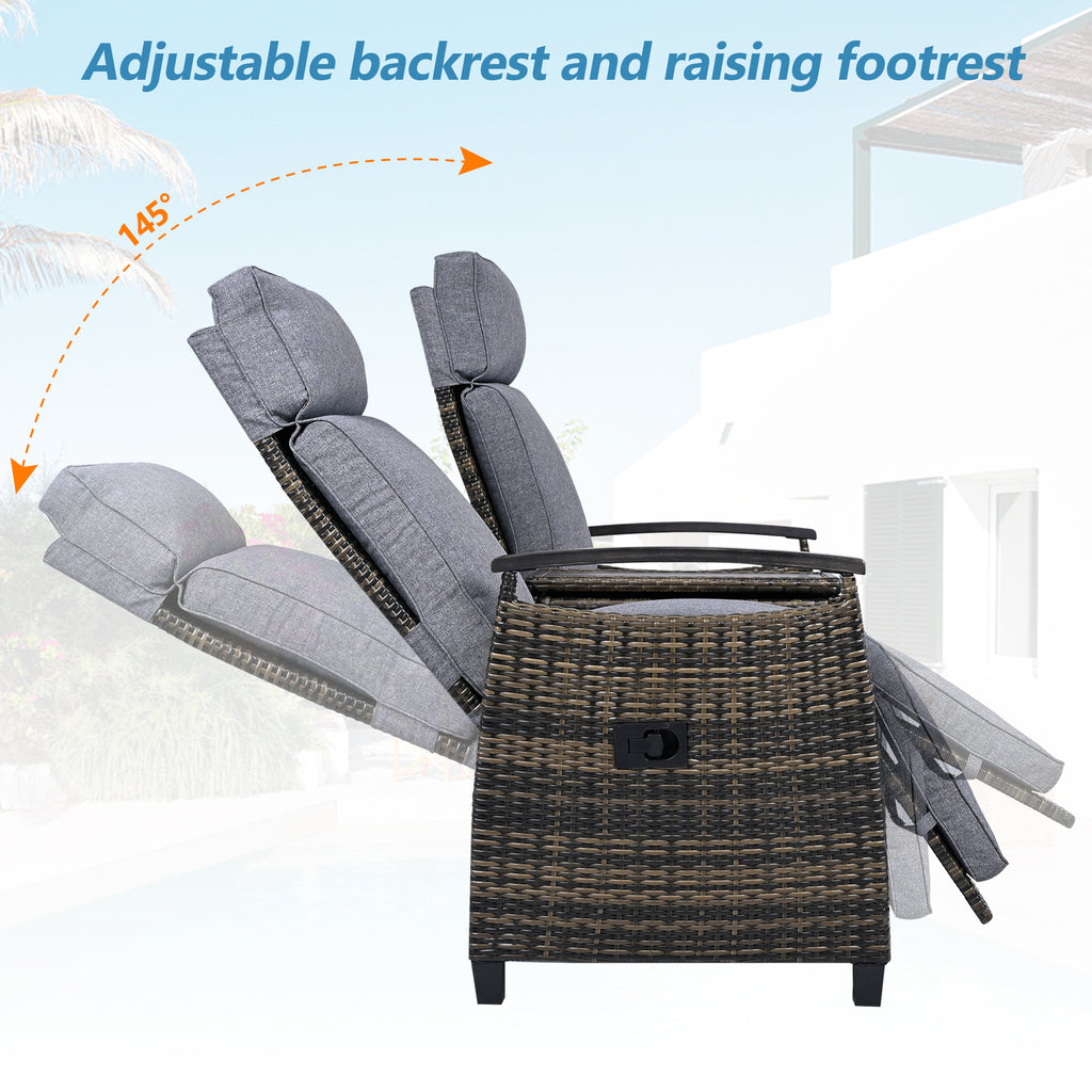 Patio Recliner Loveseat Chair, Adjustable Backrest Wicker Outdoor Lounge Chair Set with Acacia Wood Armrests and Built-in Storage Table for Balcony, Porch, Lawn, Gray