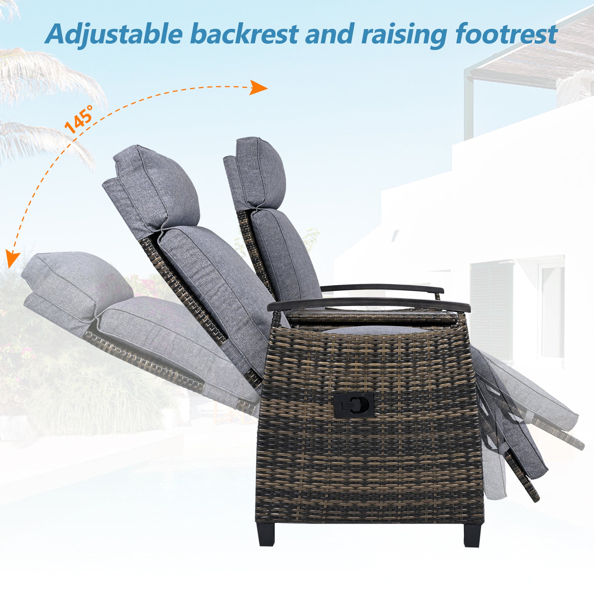 Patio Recliner Loveseat Chair, Adjustable Backrest Wicker Outdoor Lounge Chair Set with Acacia Wood Armrests and Built-in Storage Table for Balcony, Porch, Lawn, Gray
