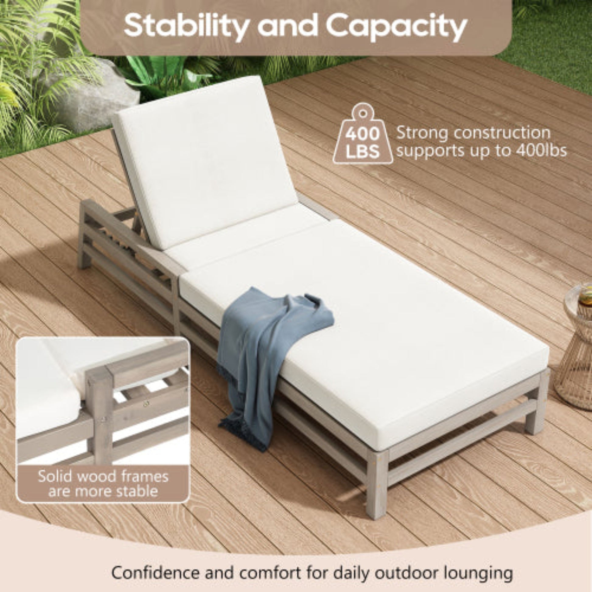 5-Position Adjustable Outdoor Chaise Lounge Solid Wood with Cushions for Pool and Balcony