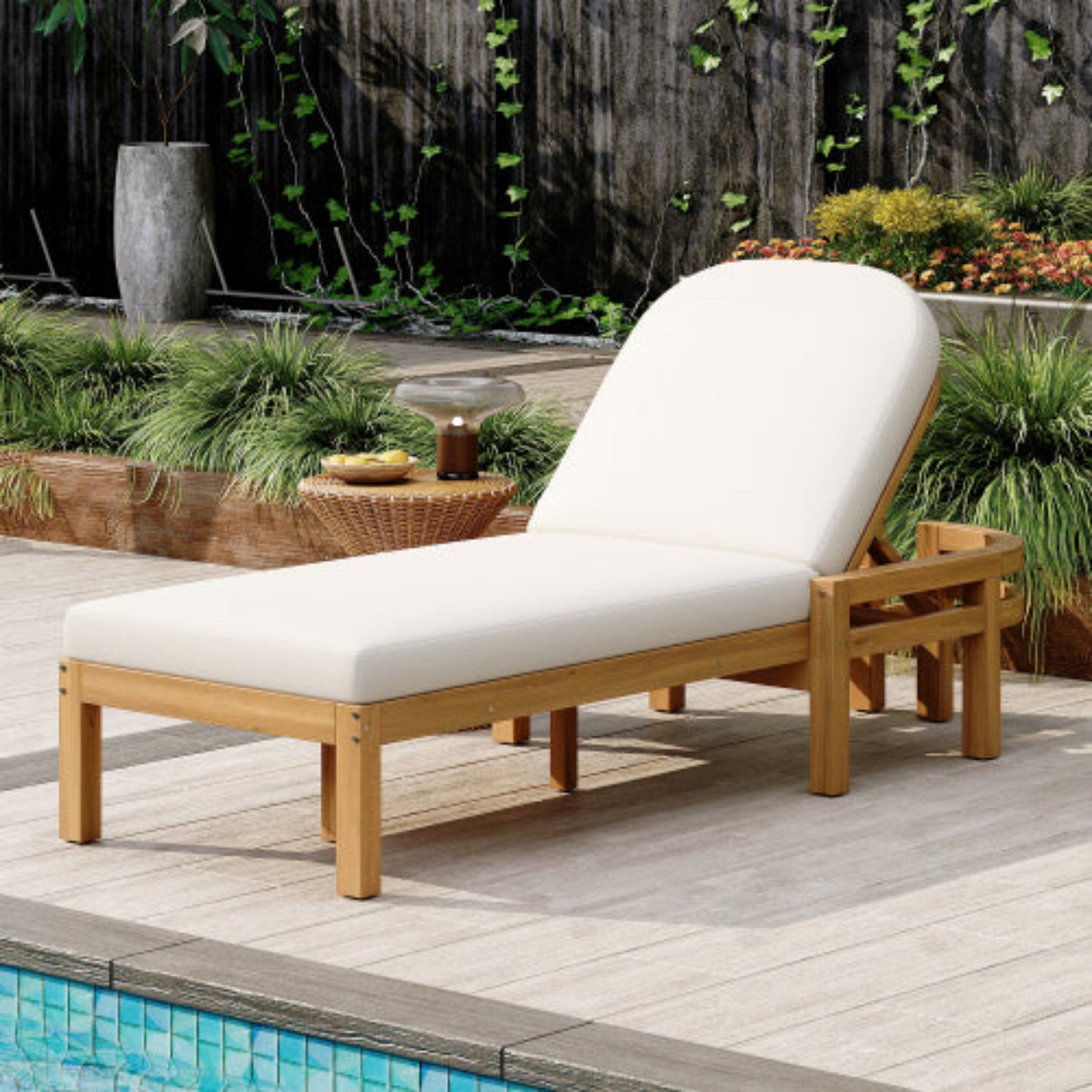 Outdoor Chaise Lounge Premium Acacia Wood Recliner with Arched Backrest for Patio and Poolside