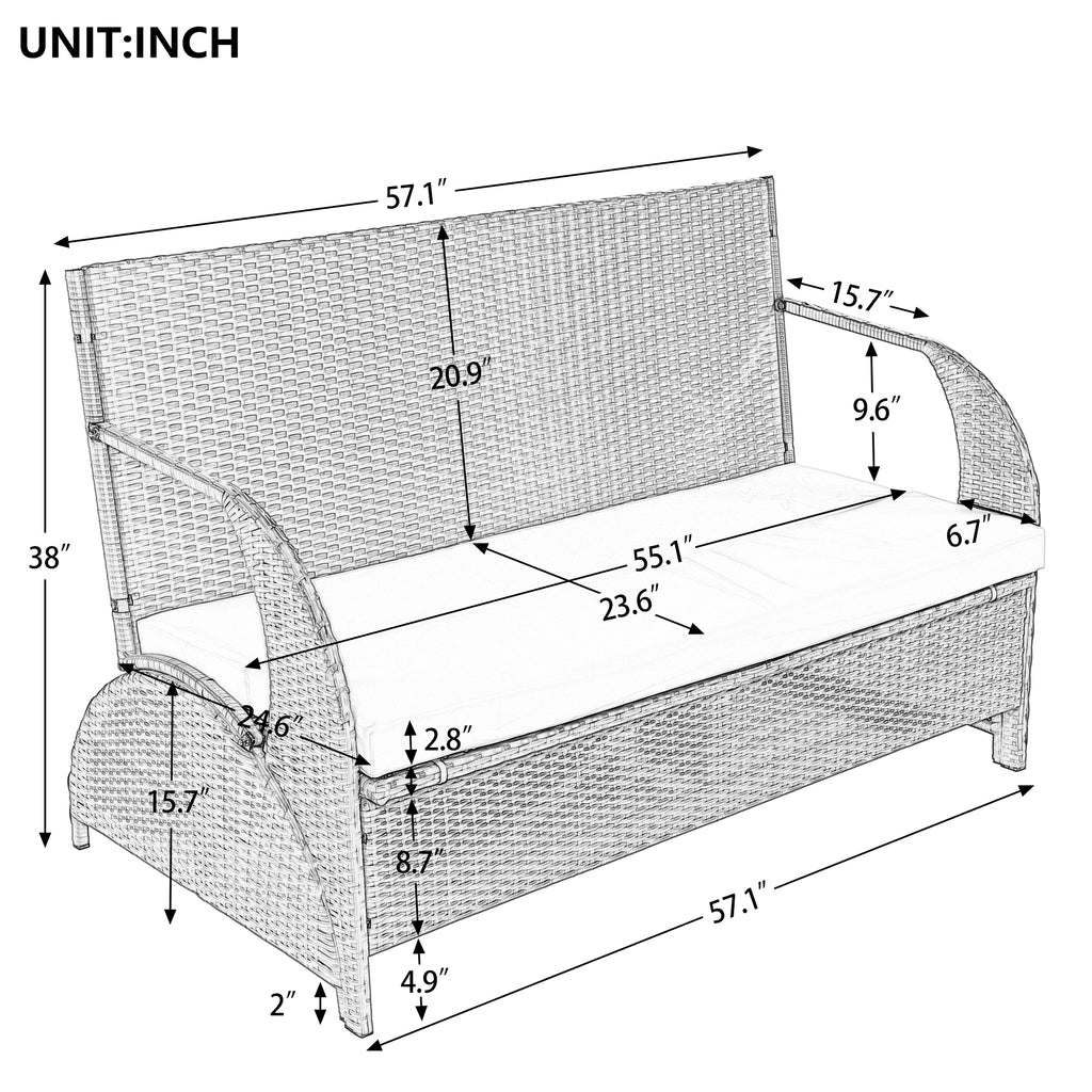 2-in-1 Convertible Picnic Upholstered Bench Table,57.1" Outdoor Loveseat,Portable Picnic Table Couch,Convertible To 4 Seats&1 Table,For Garden,Lawn,Backyard,Porch,Patio