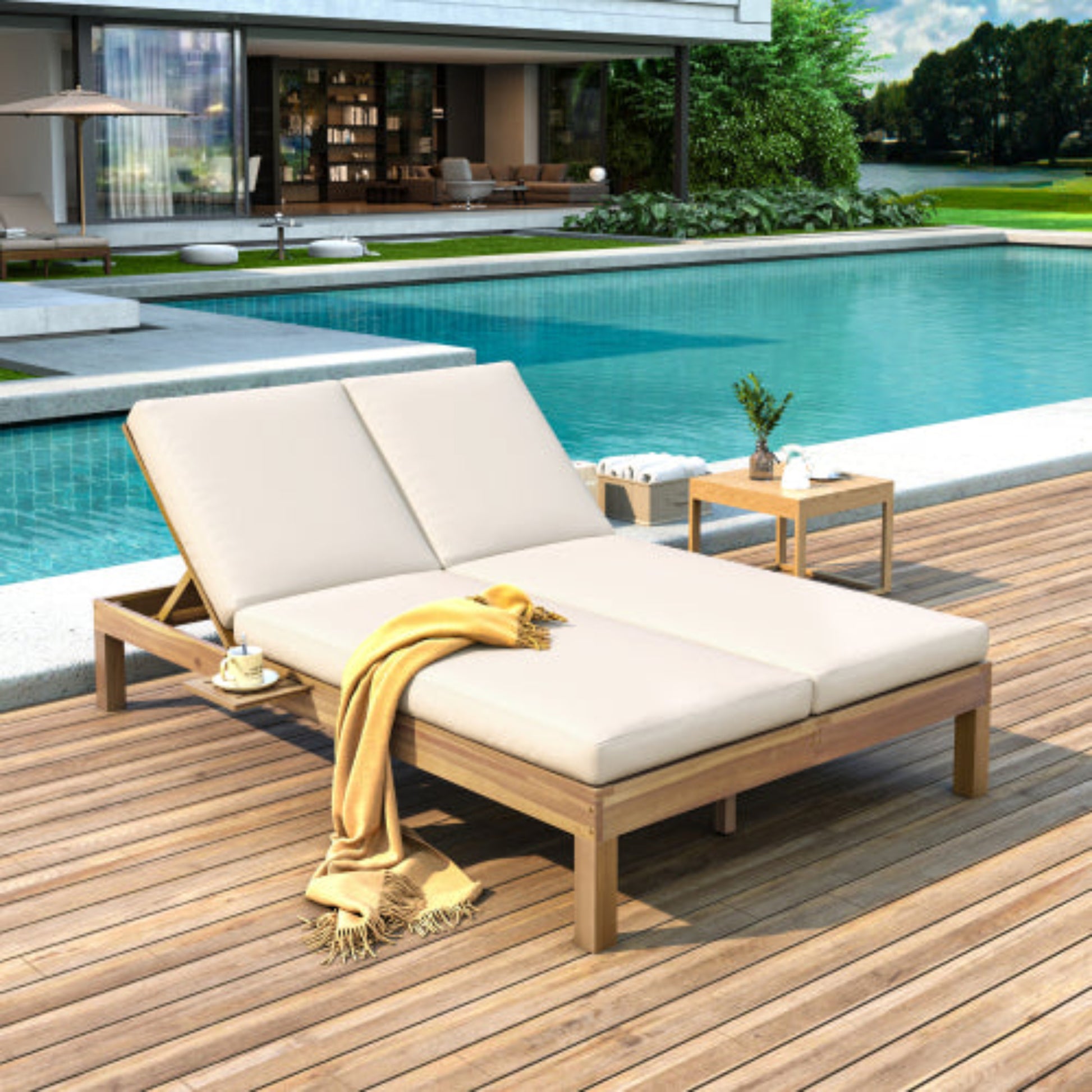 Double Chaise Lounge with Cushion and Folding Side Trays for 2 People Patio and Poolside