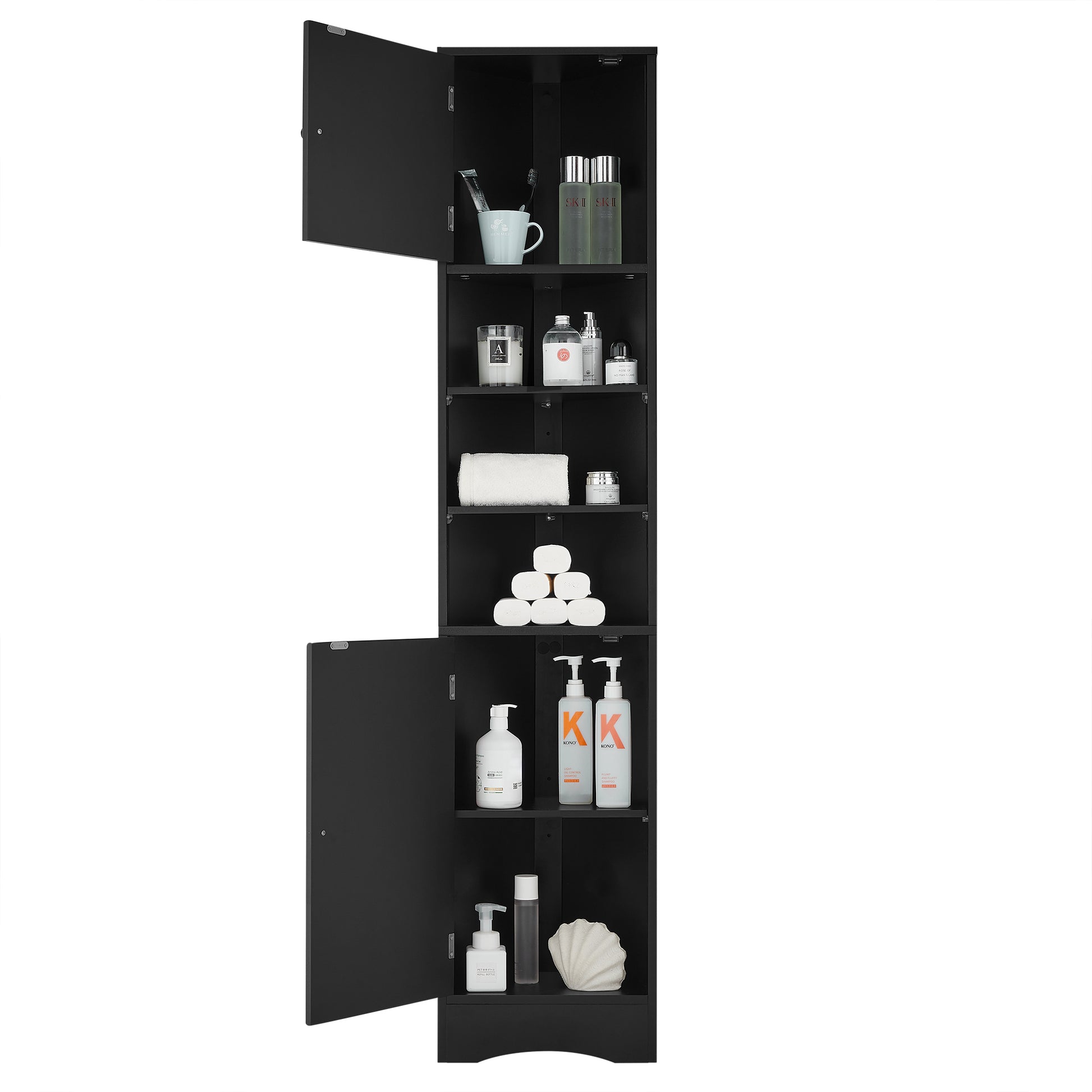 Multi-Functional Corner Cabinet Tall Bathroom Storage Cabinet with Two Doors and Adjustable Shelves, Open Shelf, Black