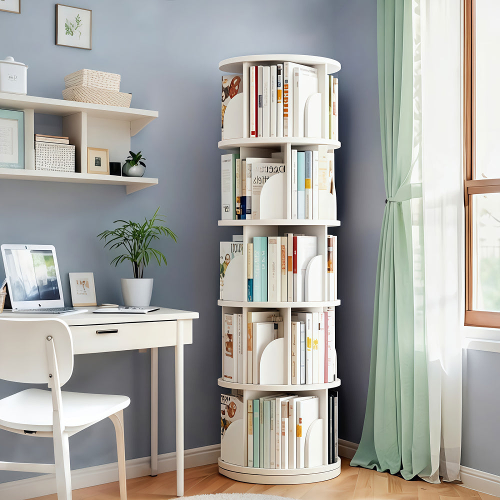 Chic Crate-5-Tier Rotating Bookshelf – 360° Display | Space-Saver | Warm White | Bedroom/Living Room/Office