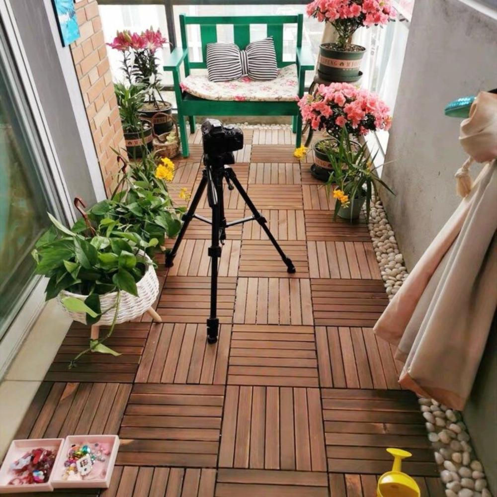 Chic Crate 10Pack 12in Striped Deck Tiles – Interlocking Brown Acacia Hardwood Flooring