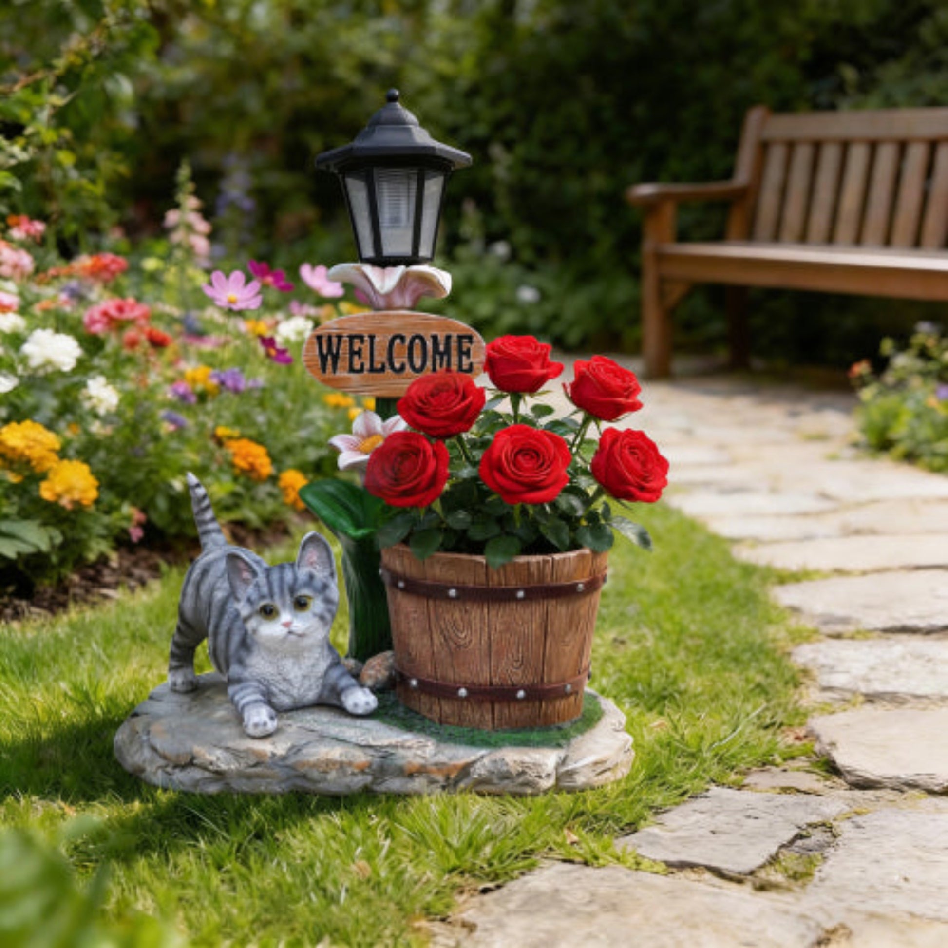Lying Cat Shaped Planter Statue with Gentle Posture for Home Gardening and Plant Display
