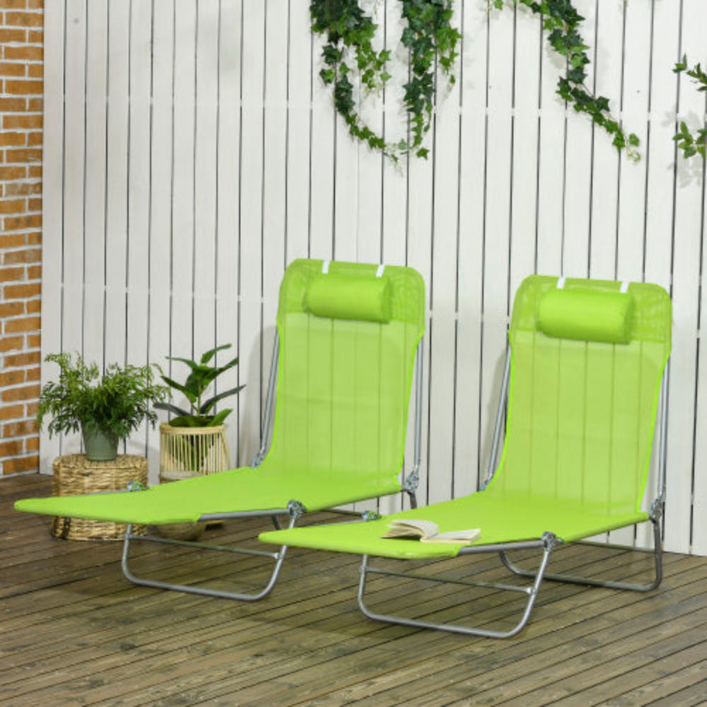 2-Piece Folding Chaise Lounge Chairs, Outdoor Sun Tanning Chairs with Breathable Mesh Seat & Headrest for Pool, Beach, Yard, Patio, Green
