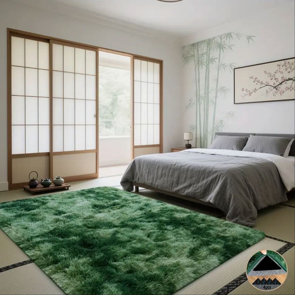 Tie-Dyed Green Fluffy Area Rug, Ultra Soft Non-Slip Mat with 4 Stickers, Multiple Sizes for Home Decor