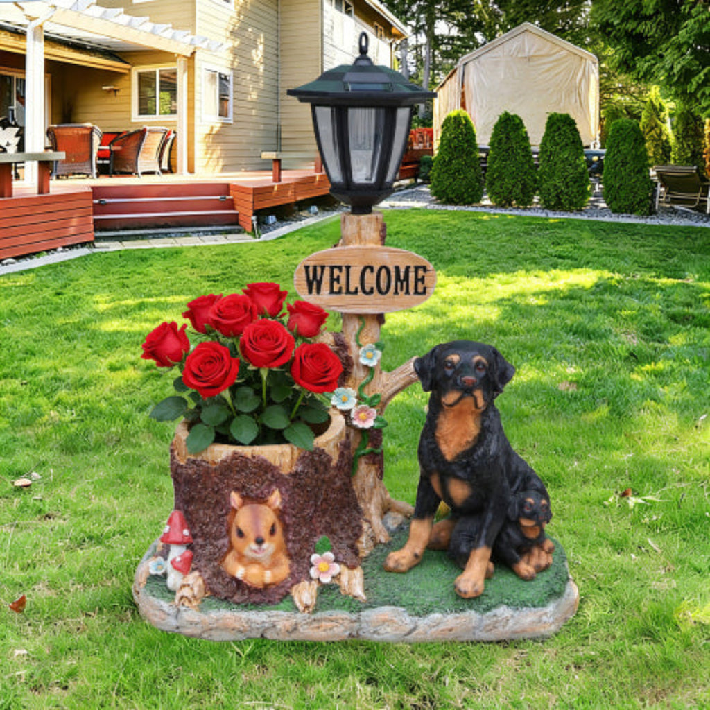 Rottweiler Dog Family Shaped Planter Statue with Warm Scene for Green Plant Display