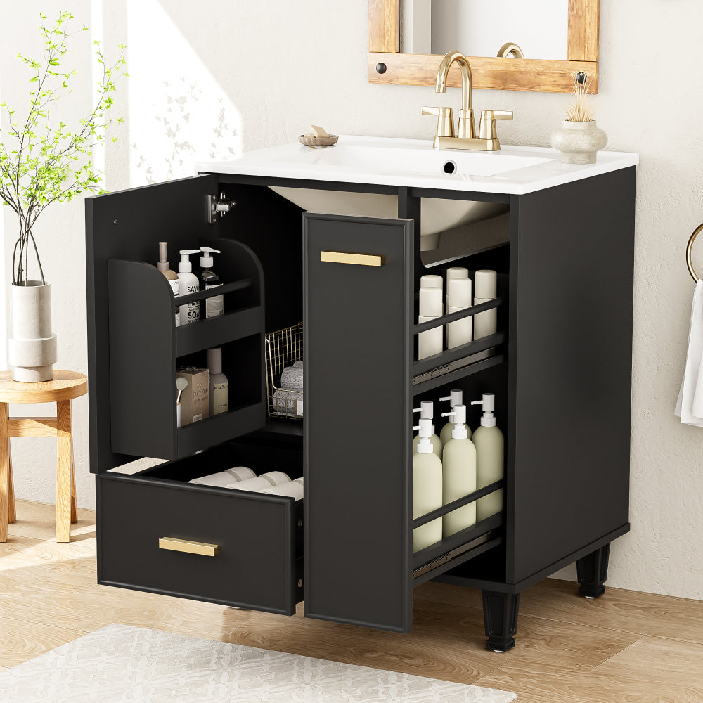 Chic Crate-24" Modern Bathroom Vanity – Sink & Deep Drawer | 2-Tier Pull-Out Basket | Solid Wood Frame | Black