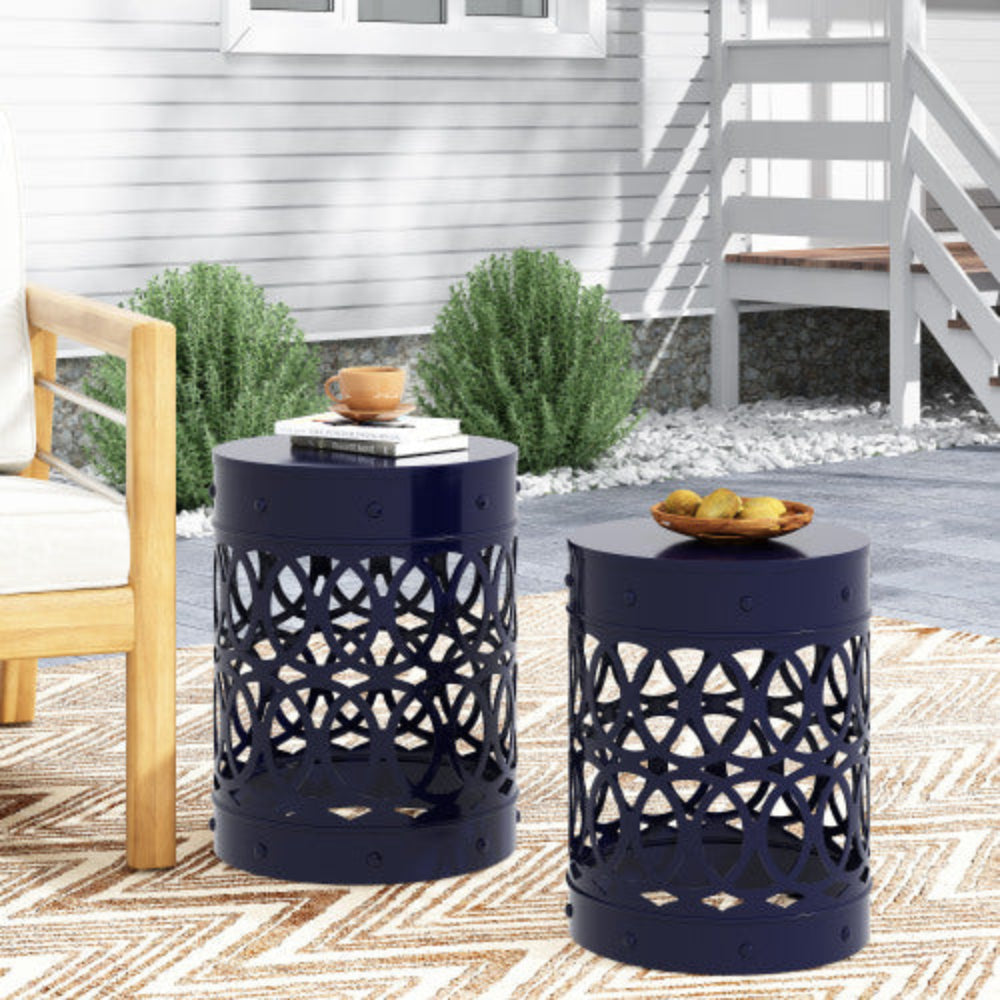 12" Teal Floral Cutout Metal Outdoor Side Table, Weather Resistant Iron Accent End Table for Patio, Balcony, Garden & Living Room