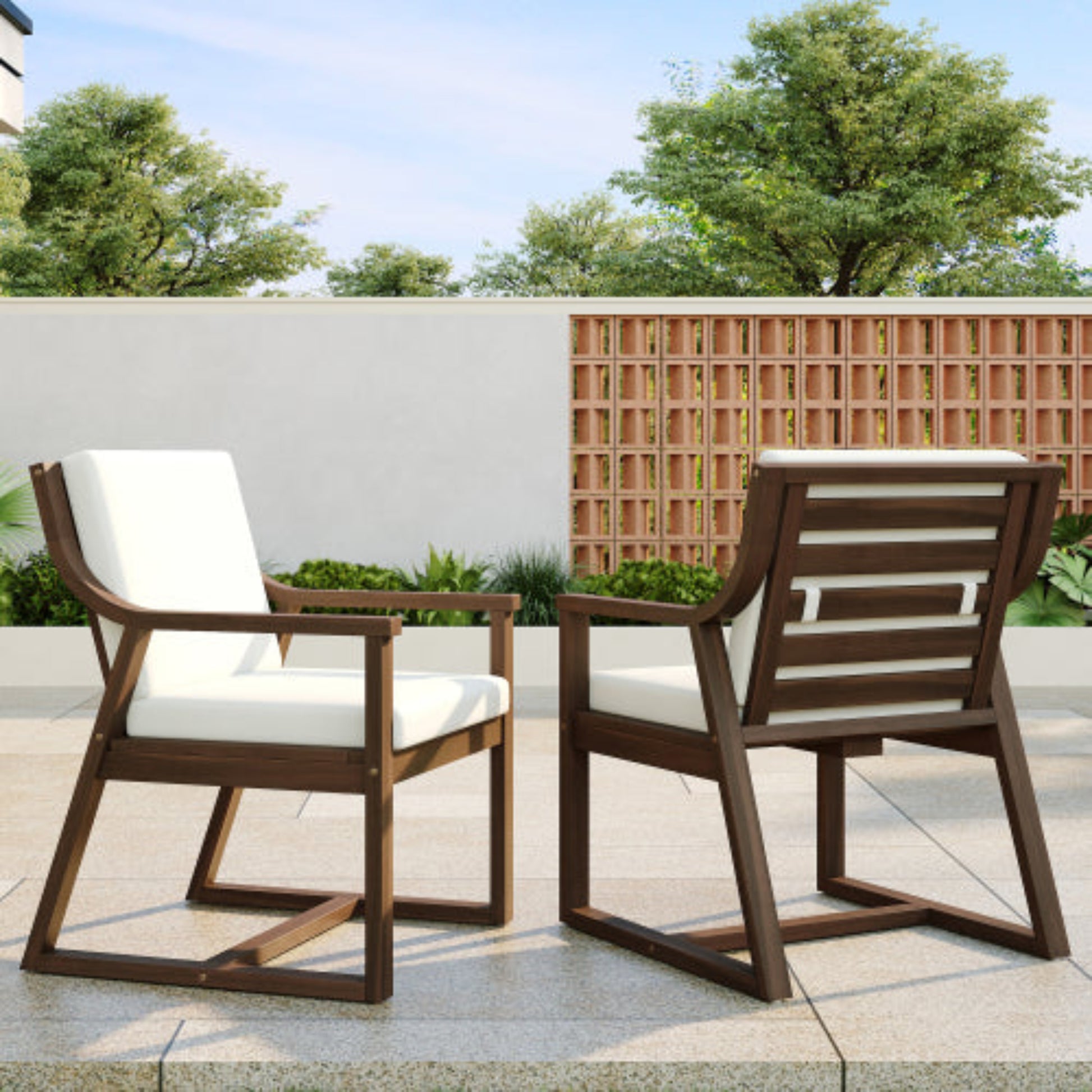 Patio Dining Chair Set of 2 Wood Armchairs with Removable Cushions for Garden and Patio