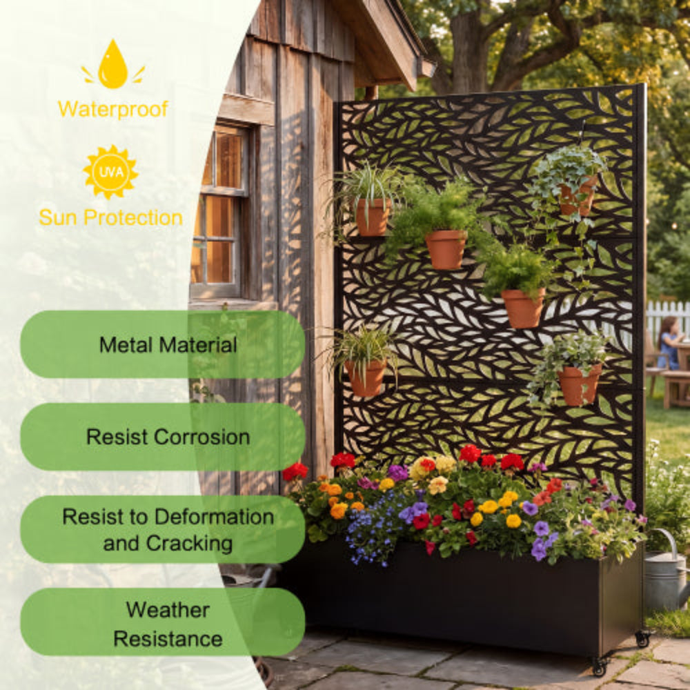 Chic Crate Metal Raised Garden Bed with Wheels, Privacy Screen Drainage Holes & Trellis 73"x47"x16" Planter Box for Climbing Plants Vegetables Vines