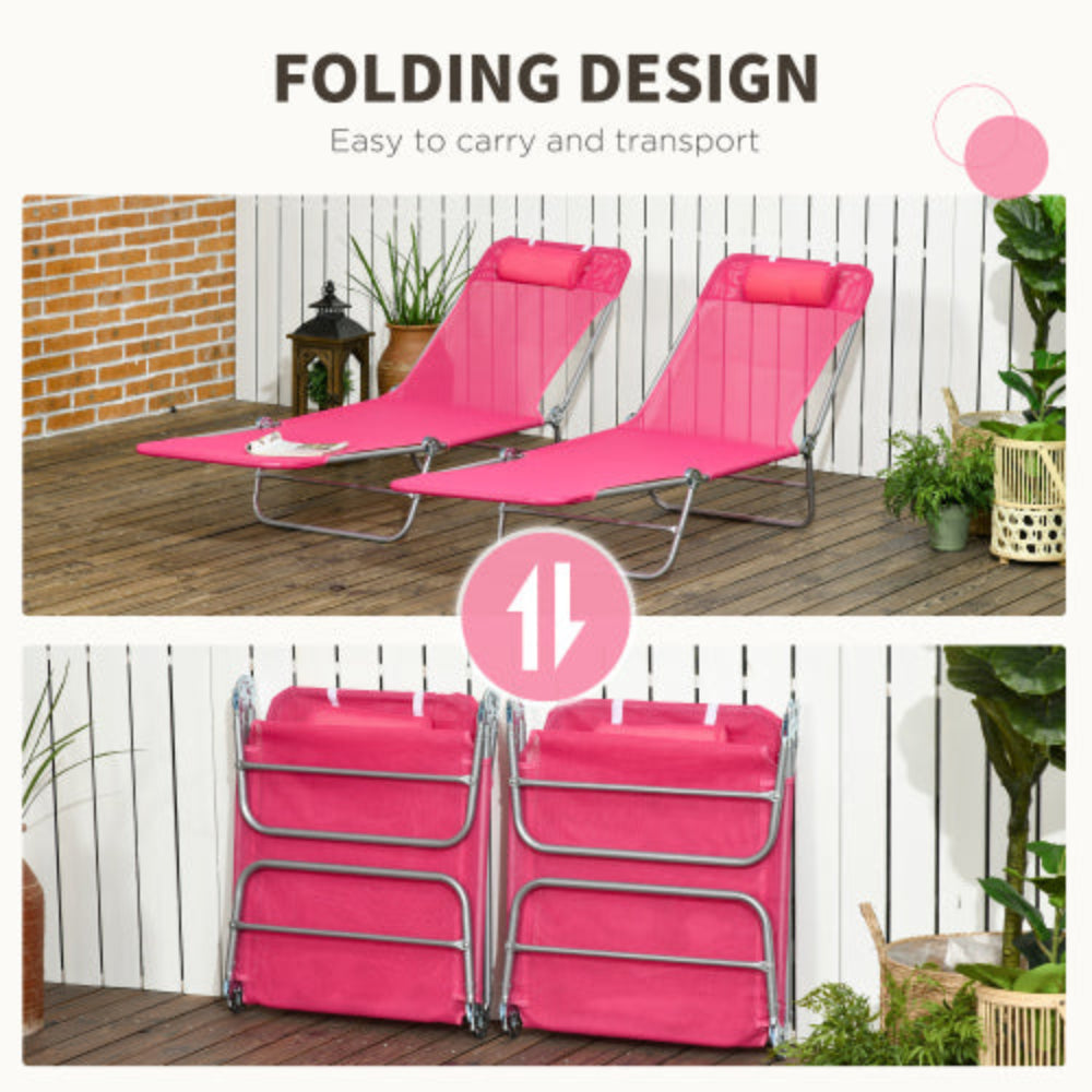2-Piece Folding Chaise Lounge Chairs, Outdoor Sun Tanning Chairs with Breathable Mesh Seat & Headrest for Pool, Beach, Yard, Patio, Pink