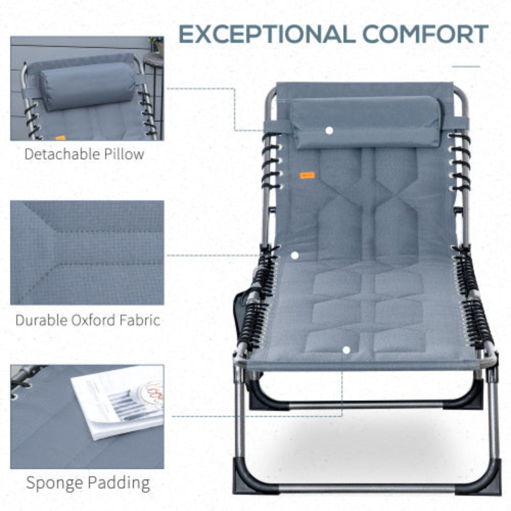 Padded Folding Chaise Lounge Chair, Reclining Outdoor Tanning Chair with Headrest, for Beach, Yard, Patio & Pool, Gray