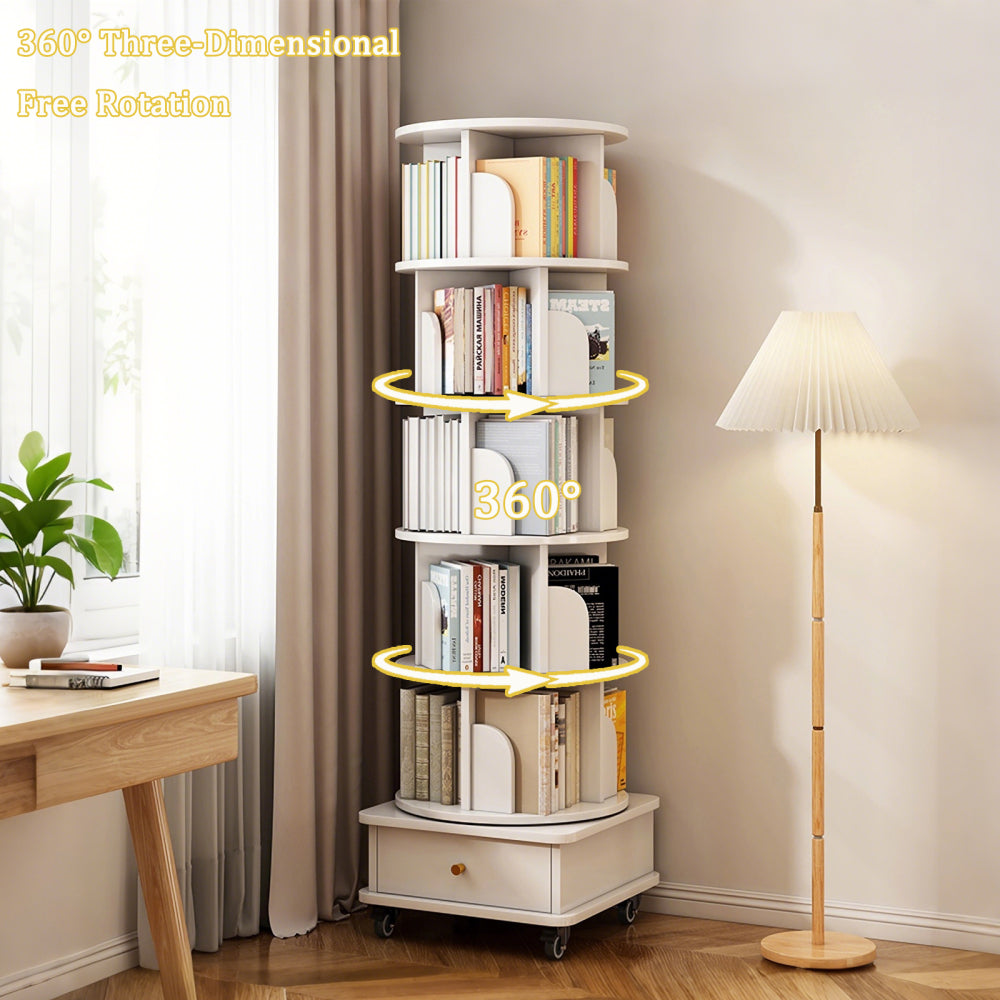 Chic Crate 6-Tier 360° Rotating Bookshelf with Wheels & Drawer, Space-Saving Bookcase for Bedroom & Home Office