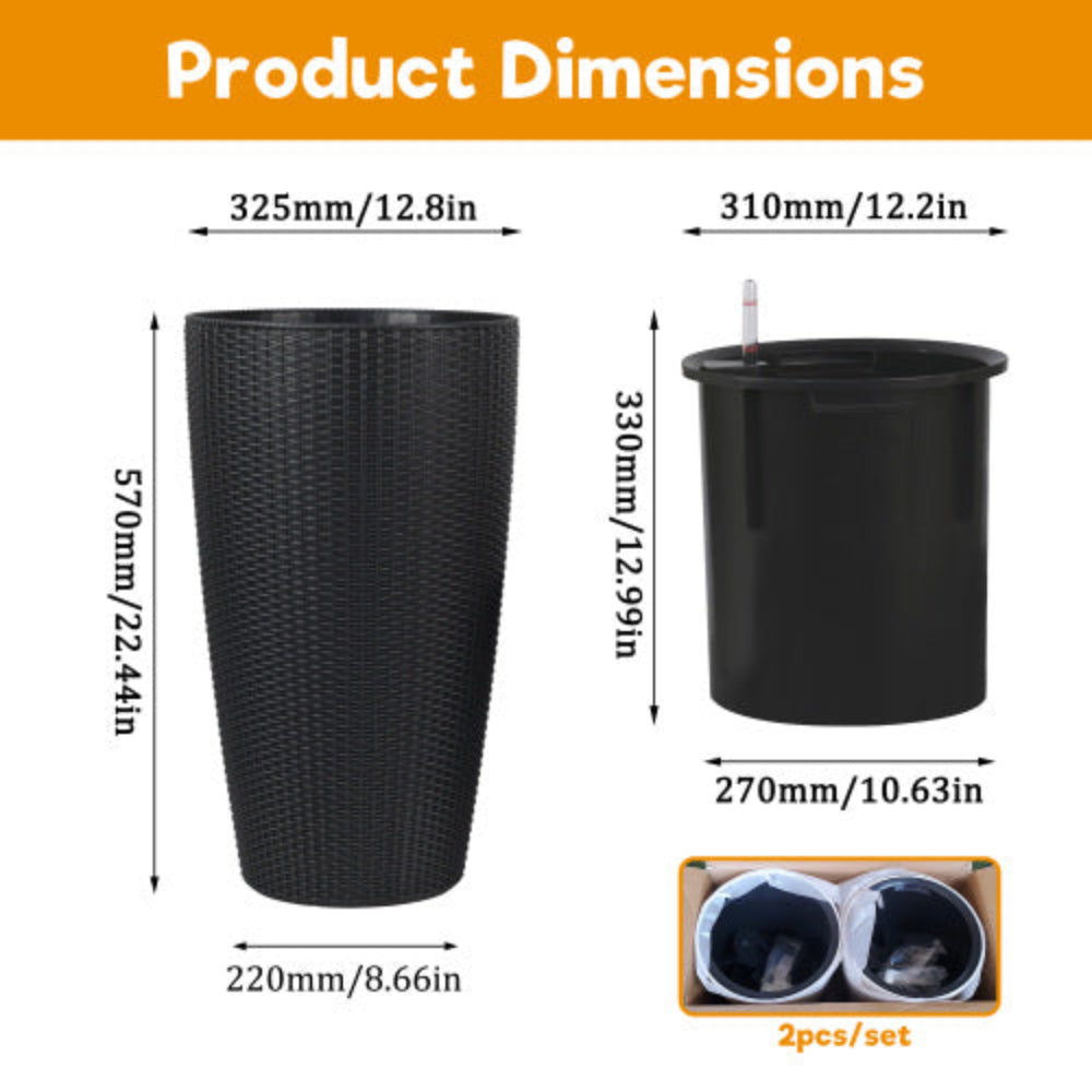 Set of 2 22 Inch Faux Rattan Tall Planters with Automatic Watering, Water Level Monitor & Inner Bucket for Garden Patio Porch Backyard, Black