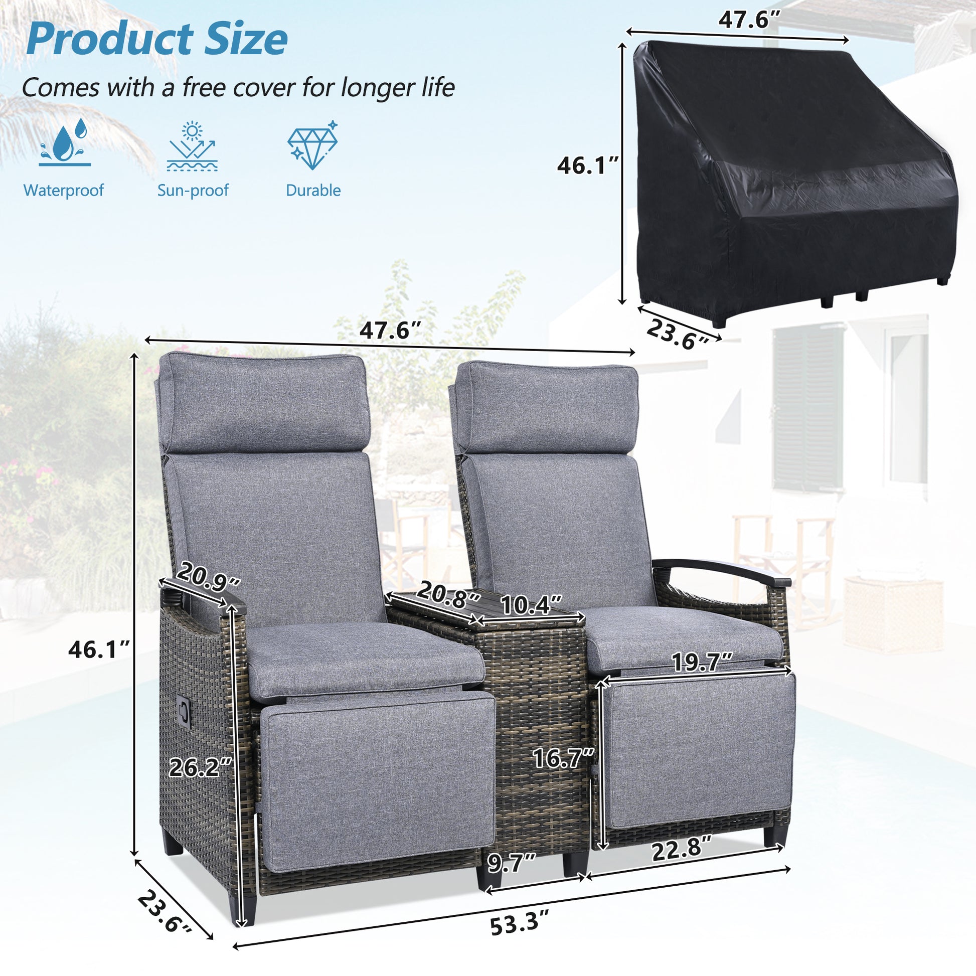Patio Recliner Loveseat Chair, Adjustable Backrest Wicker Outdoor Lounge Chair Set with Acacia Wood Armrests and Built-in Storage Table for Balcony, Porch, Lawn, Gray