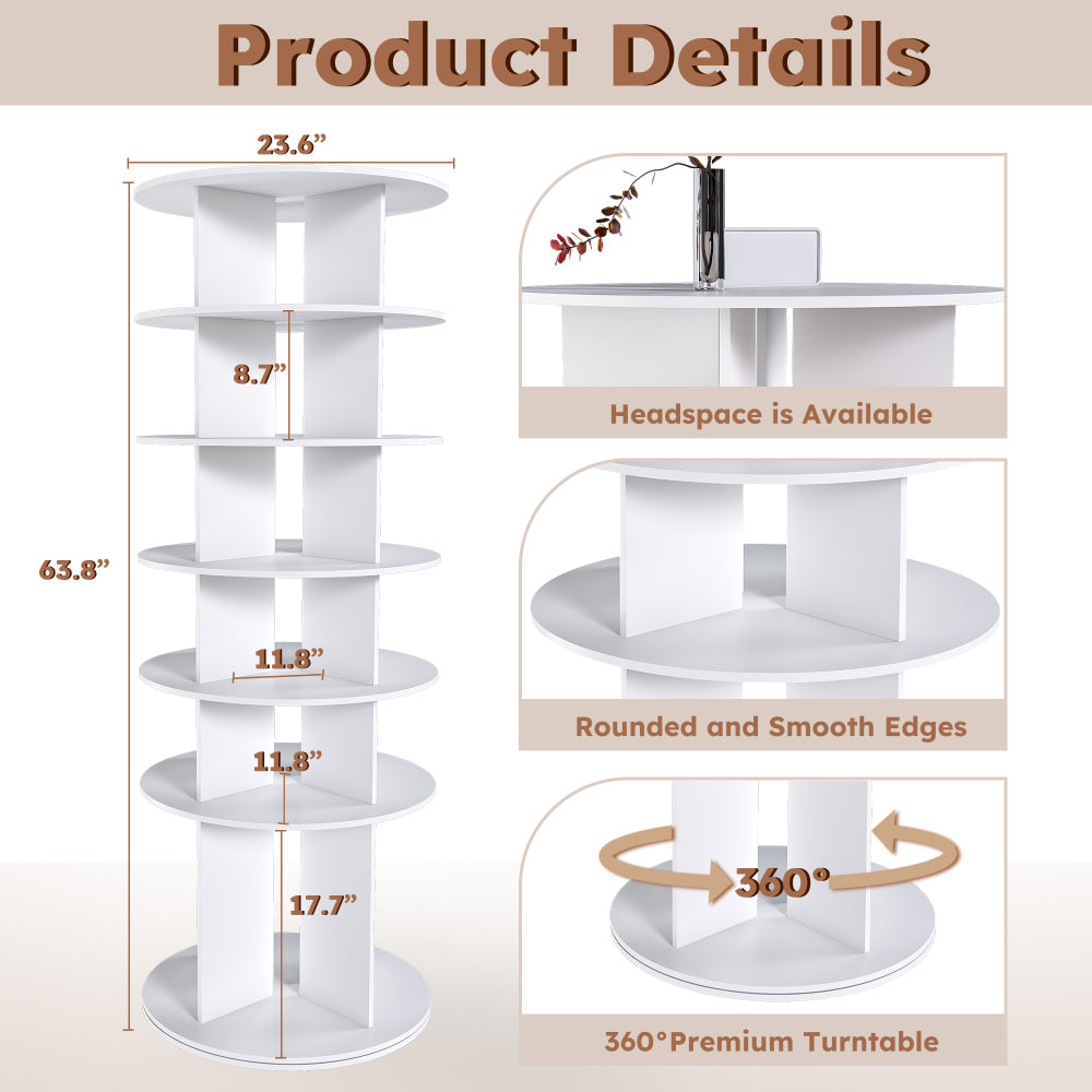 Chic Crate 6-Tier Rotating Shoe Rack Tower, 360° Revolving Free Standing Organizer, Holds 24 Pairs – White