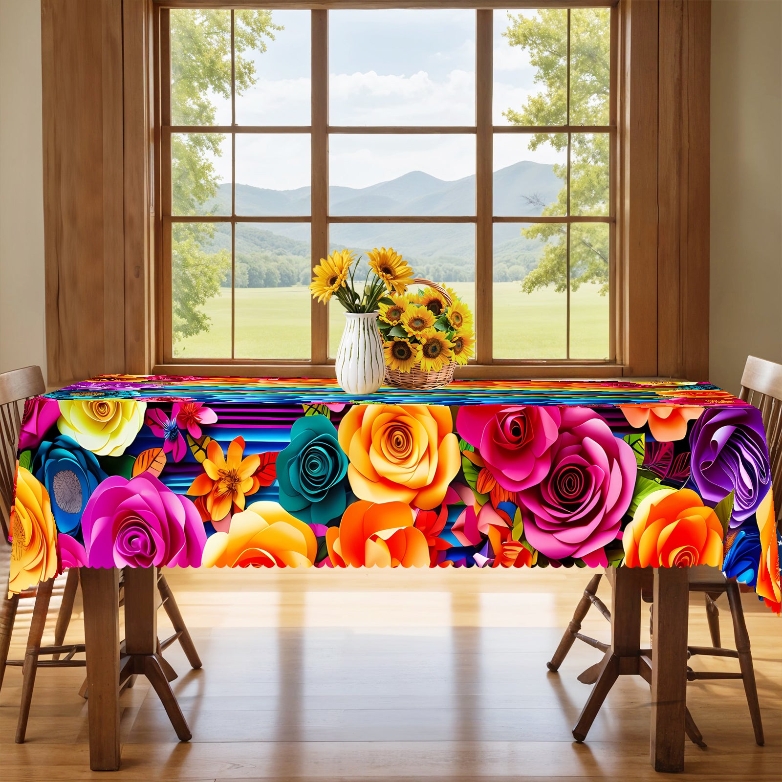 Mexican Floral Tablecloth, Colorful Fiesta Style Dustproof Easy-Care Dining Table Cover for Indoor Outdoor Decor
