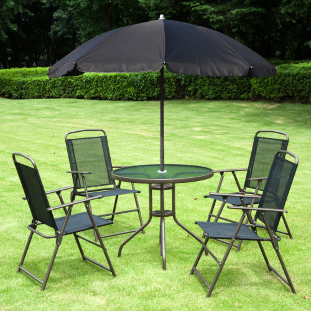 6-Piece Patio Dining Set for 4 with Umbrella, 4 Folding Chairs & Round Glass Table, Outdoor Furniture for Garden, Backyard and Poolside Black