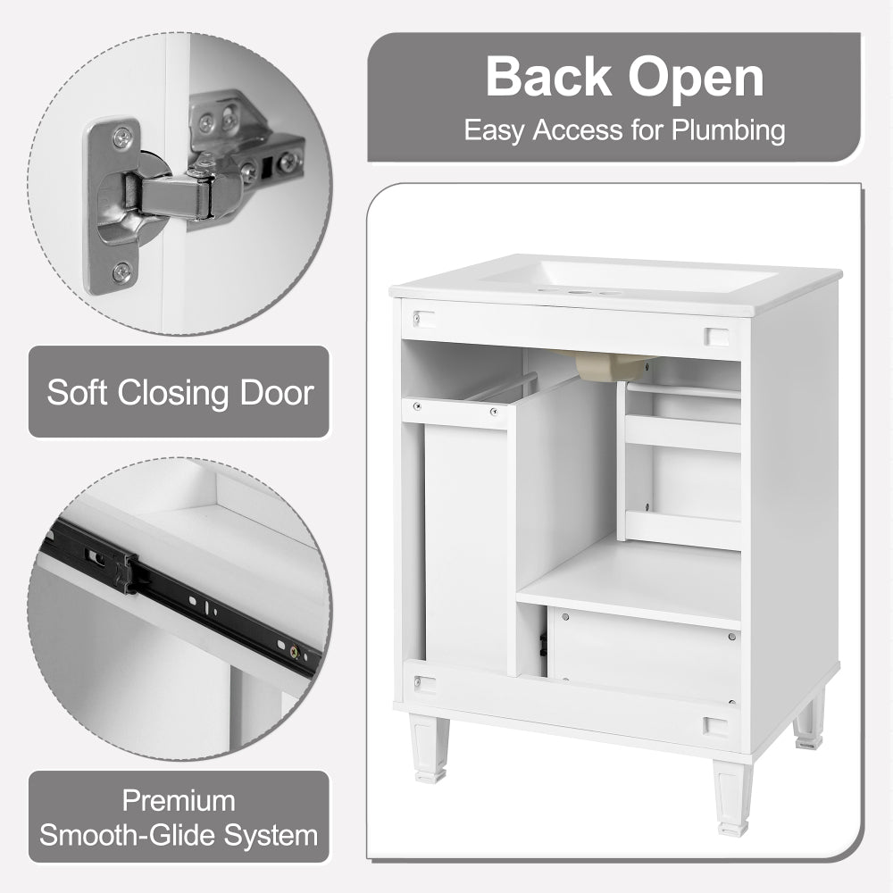 Chic Crate-24" Modern Bathroom Vanity – Sink & Deep Drawer | 2-Tier Pull-Out Basket | Solid Wood Frame | White