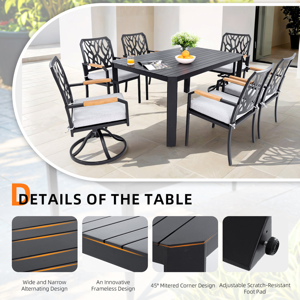 7-PC Outdoor Patio Aluminum Furniture Set, with 4 Dining Chairs & 2 Swivel Rockers Sunbrella Fabric Cushioned, Nature-Inspired Branch-Like Backrest, Rectangular Table with Umbrella Hole,Bourbon Brown