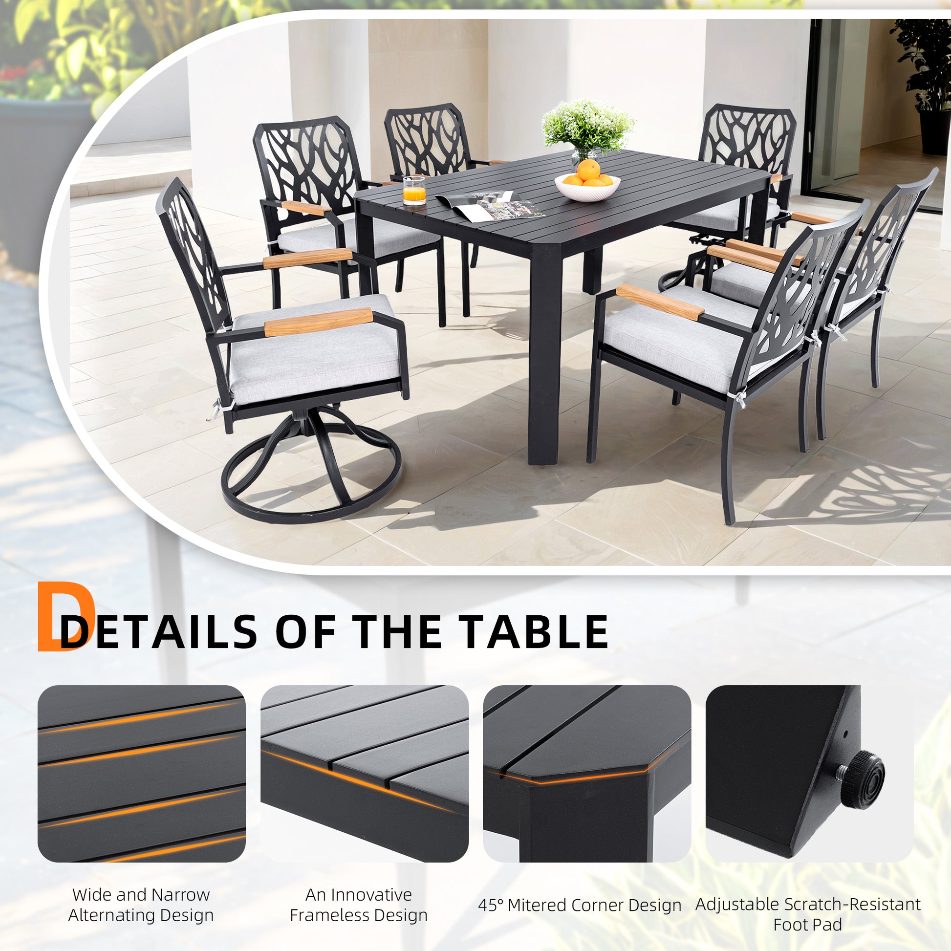 7-PC Outdoor Patio Aluminum Furniture Set, with 4 Dining Chairs & 2 Swivel Rockers Sunbrella Fabric Cushioned, Nature-Inspired Branch-Like Backrest, Rectangular Table with Umbrella Hole,Bourbon Brown