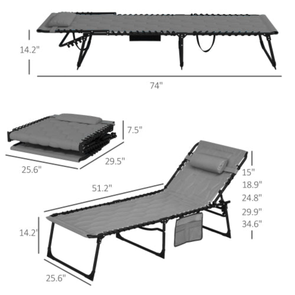 Folding Chaise Lounge Set, 5-Level Reclining Outdoor Tanning Chair with Padded Seat, Side Pocket and Headrest for Beach, Yard, Patio, Gray