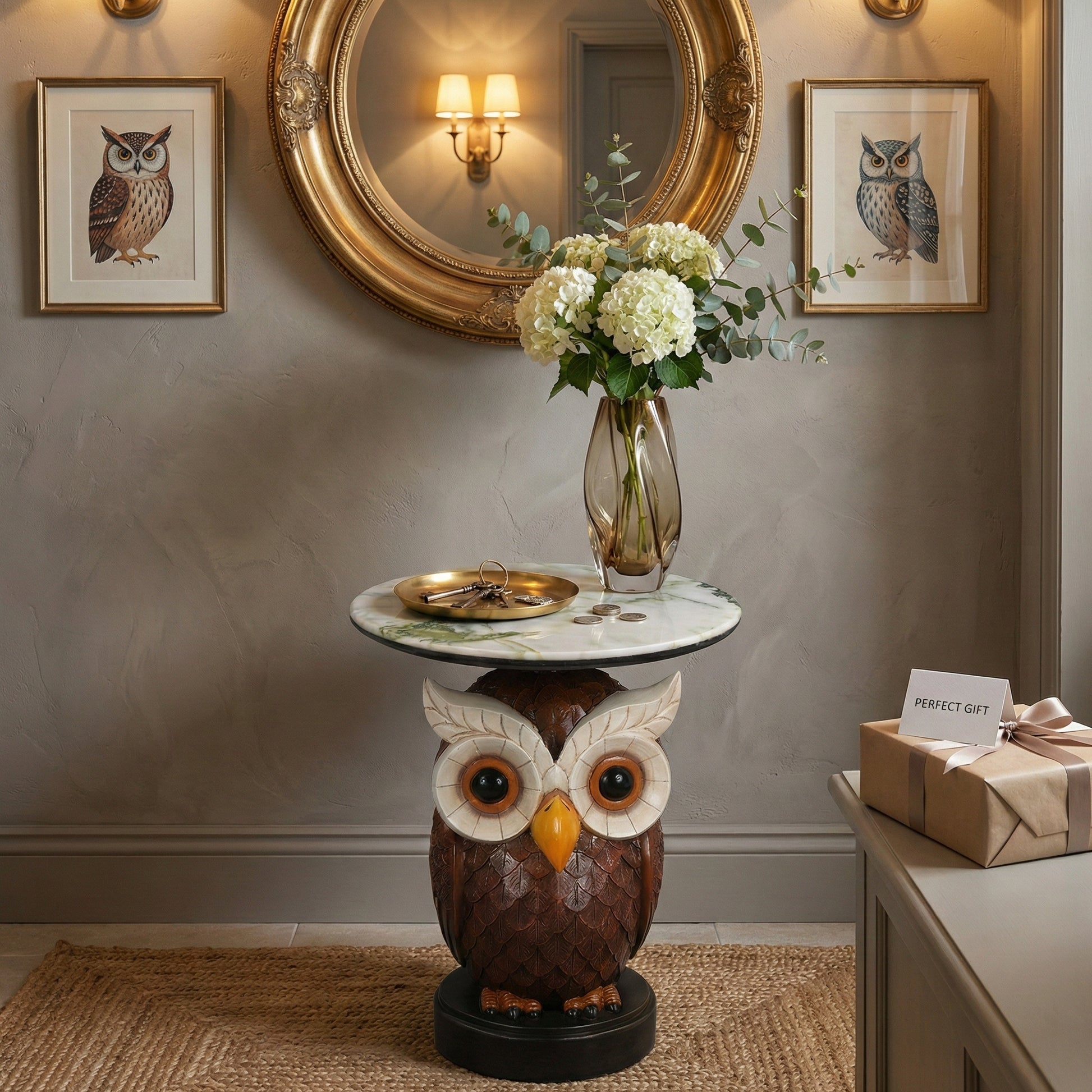 Owl Design Accent Table, Animal Statue End Table for Living Room Home Decor