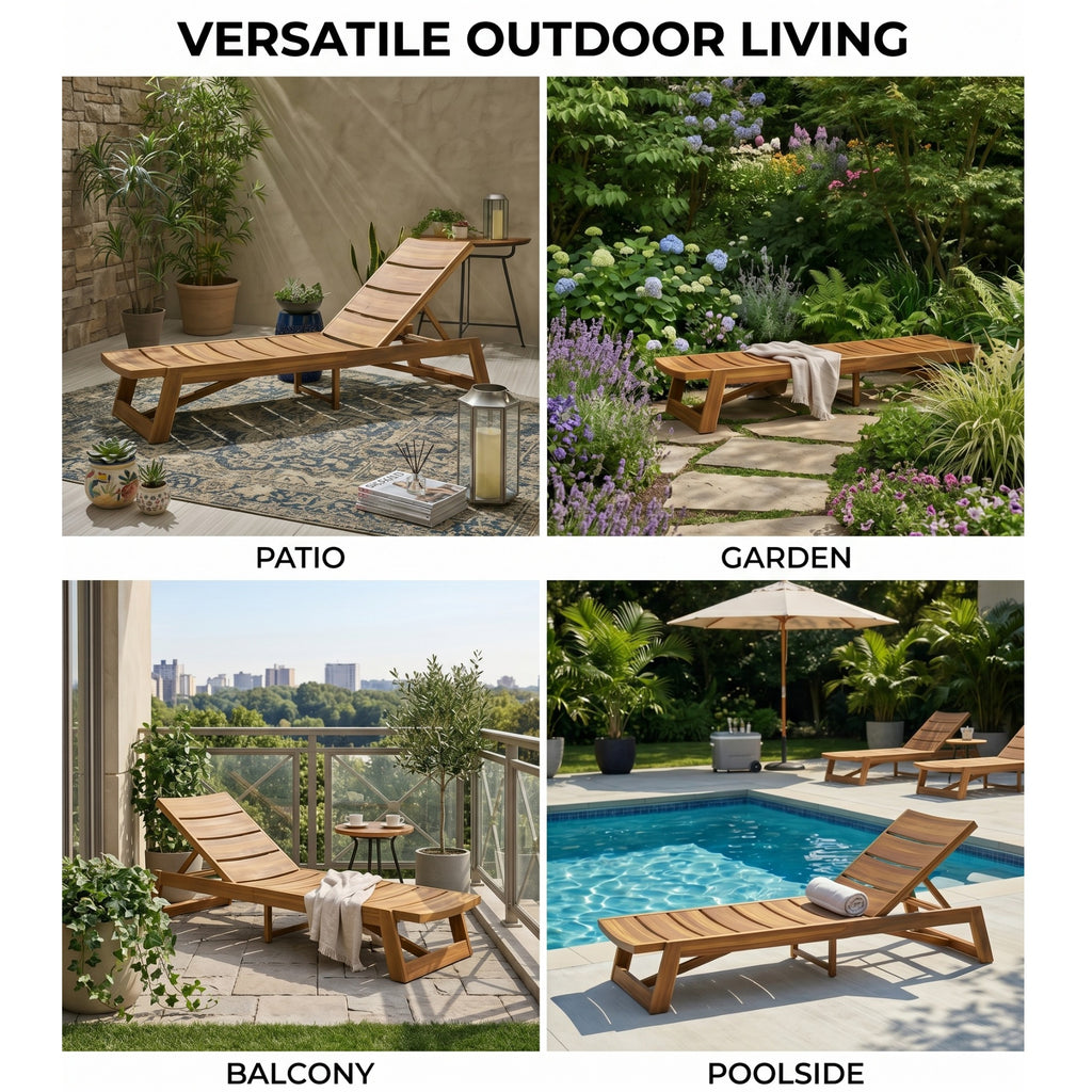 Outdoor Chaise Lounge, Solid Wood Patio Recliner, Weather Resistant for Pool & Backyard