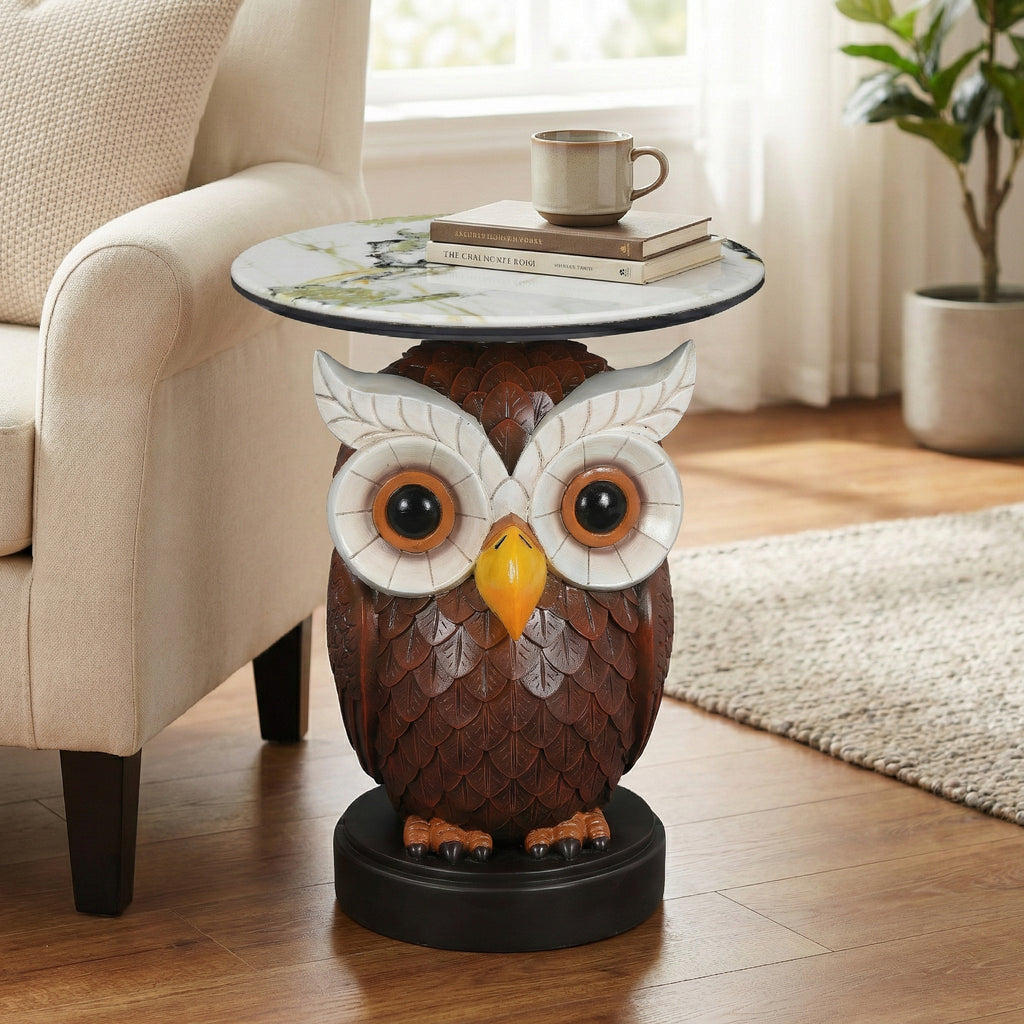 Owl Design Accent Table, Animal Statue End Table for Living Room Home Decor