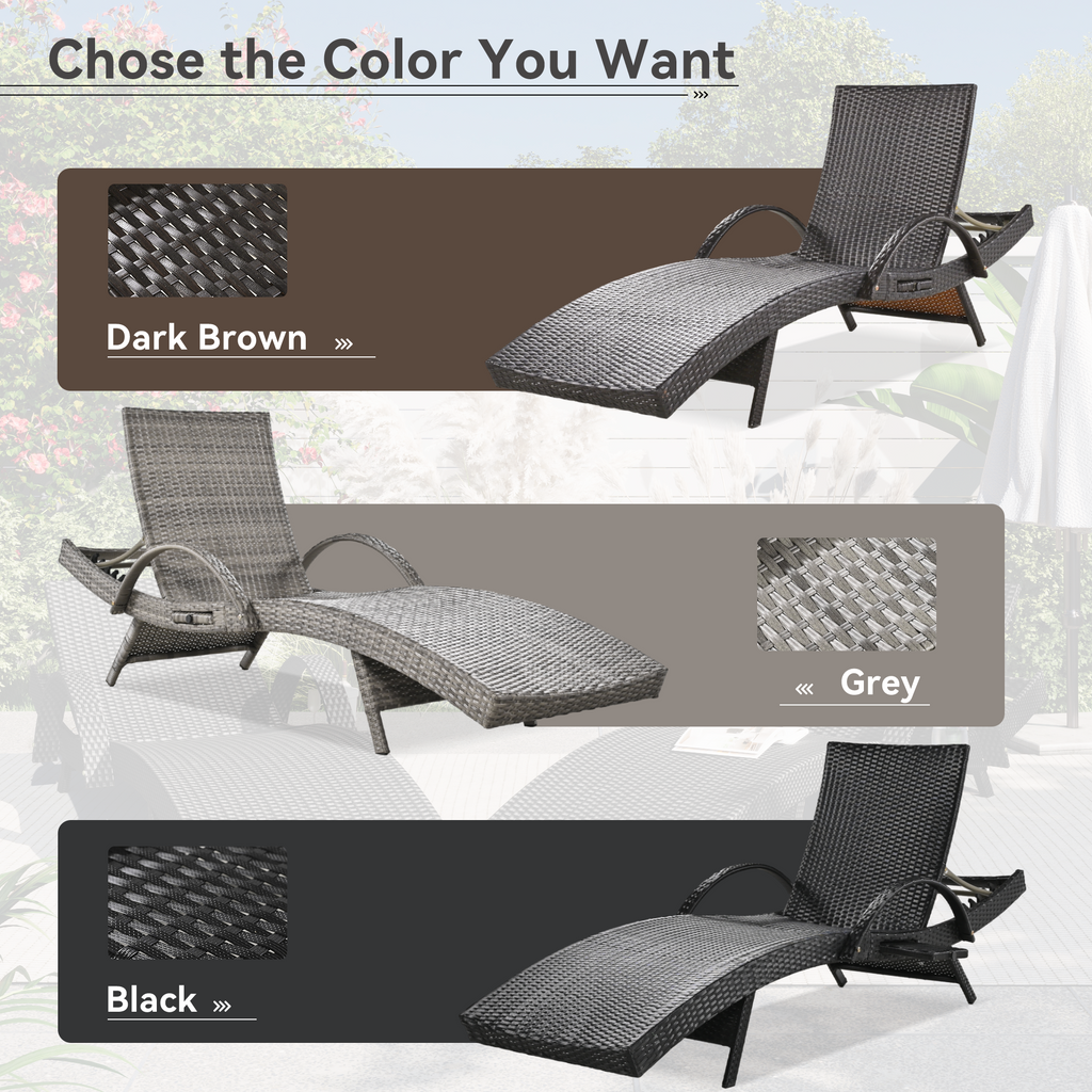80'' Outdoor Wicker Chaise Lounge Chairs Set of 2, Patio Rattan Reclining Chair Pull-out Side Table Adjustable Backrest Ergonomic Wave Design Pool Sunbathing Recliners, Dark Brown