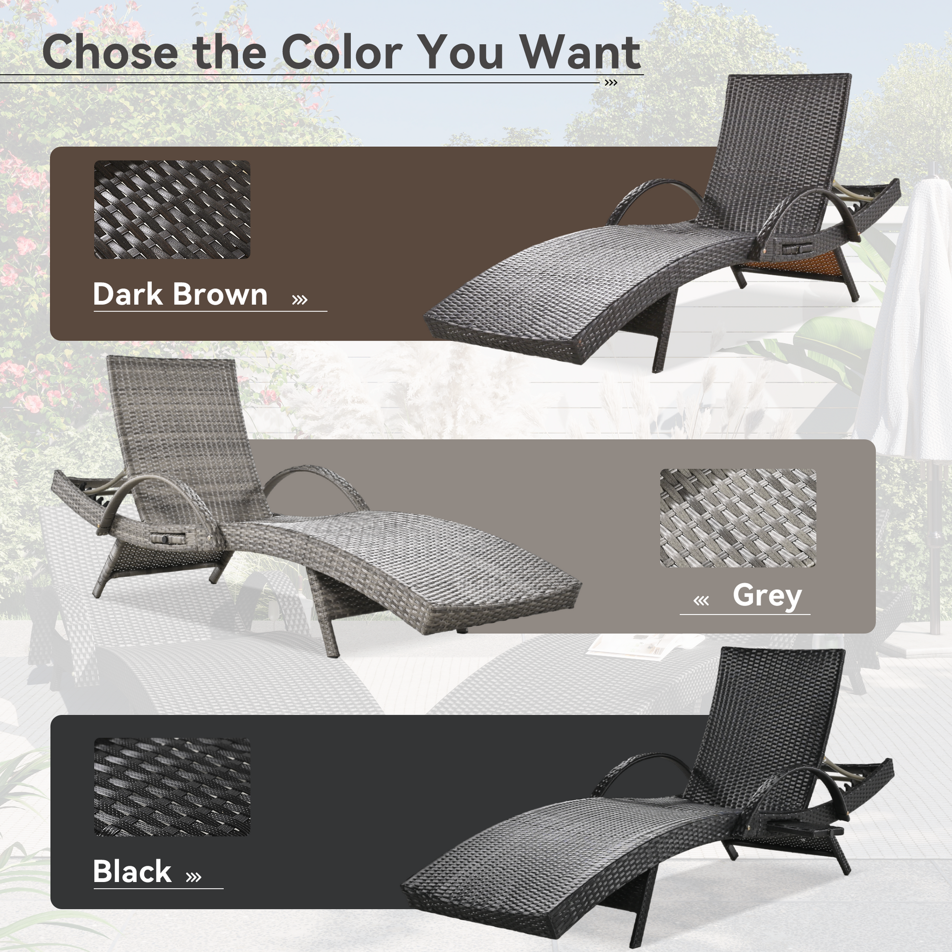 80'' Outdoor Wicker Chaise Lounge Chairs Set of 2, Patio Rattan Reclining Chair Pull-out Side Table Adjustable Backrest Ergonomic Wave Design Pool Sunbathing Recliners, Dark Brown