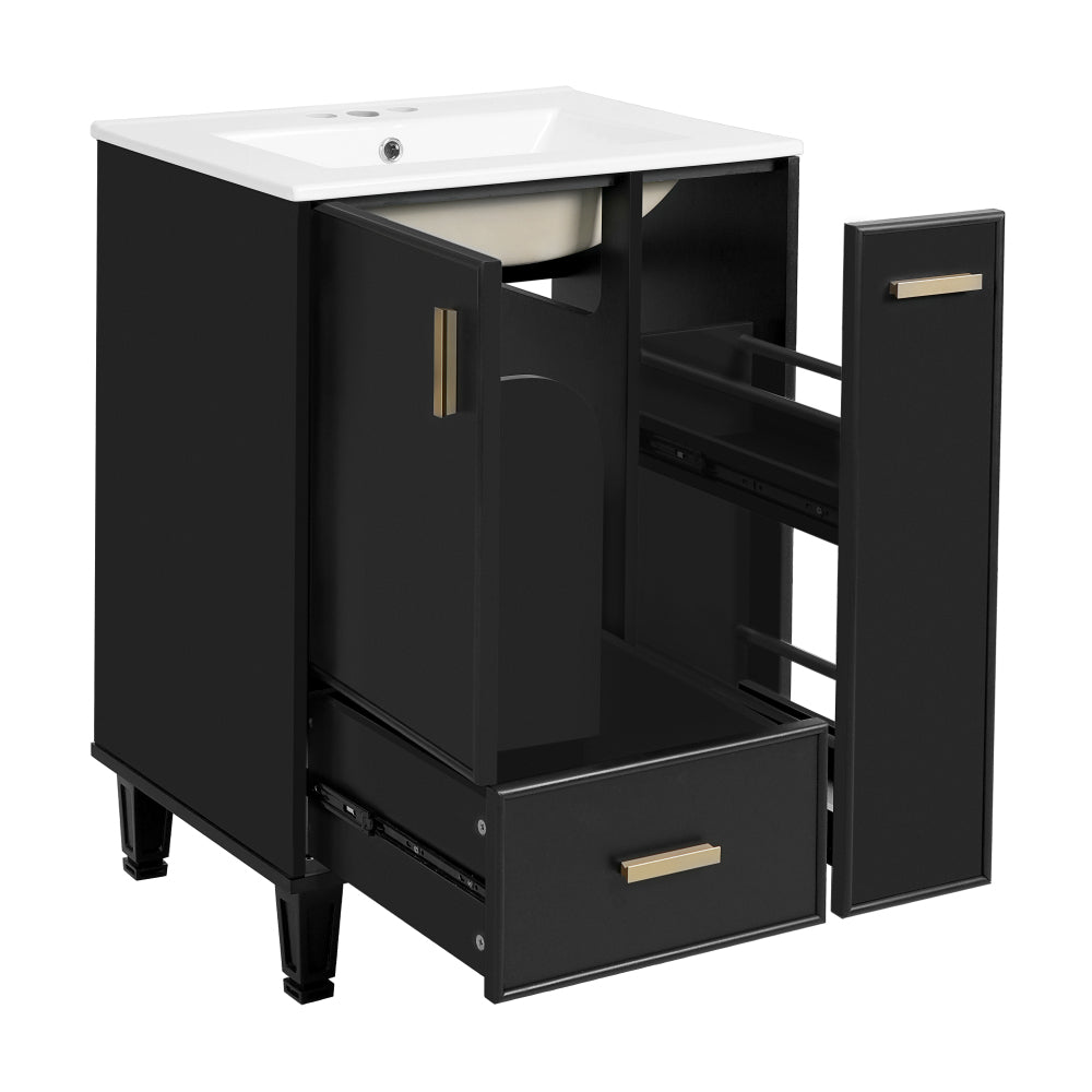 Chic Crate-24" Modern Bathroom Vanity – Sink & Deep Drawer | 2-Tier Pull-Out Basket | Solid Wood Frame | Black