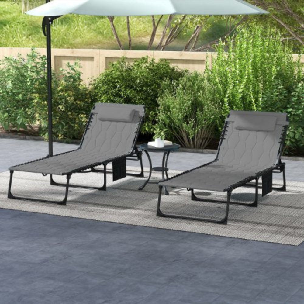 Folding Chaise Lounge Set, 5-Level Reclining Outdoor Tanning Chair with Padded Seat, Side Pocket and Headrest for Beach, Yard, Patio, Gray