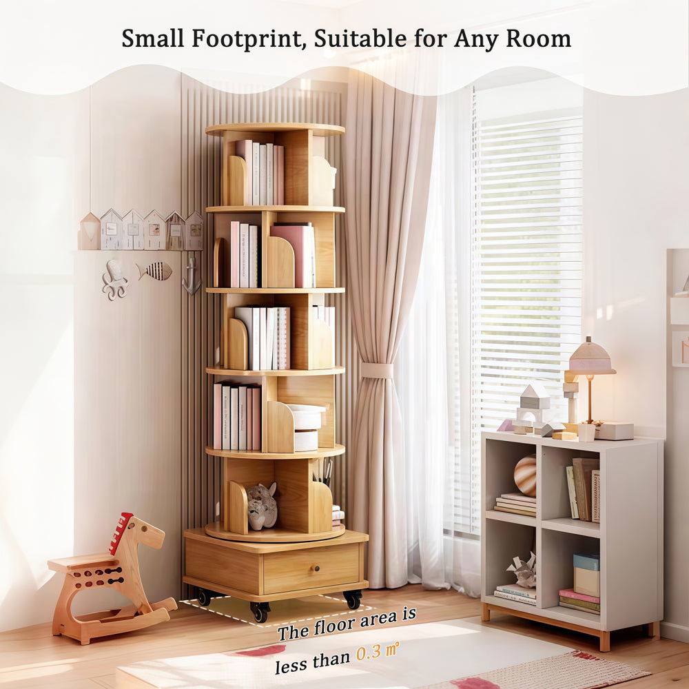 Chic Crate-6-Tier Rotating Bookshelf – 360° Display | Wheels+Drawer | Space-Saver | Bedroom/Living Room/Office | Wood
