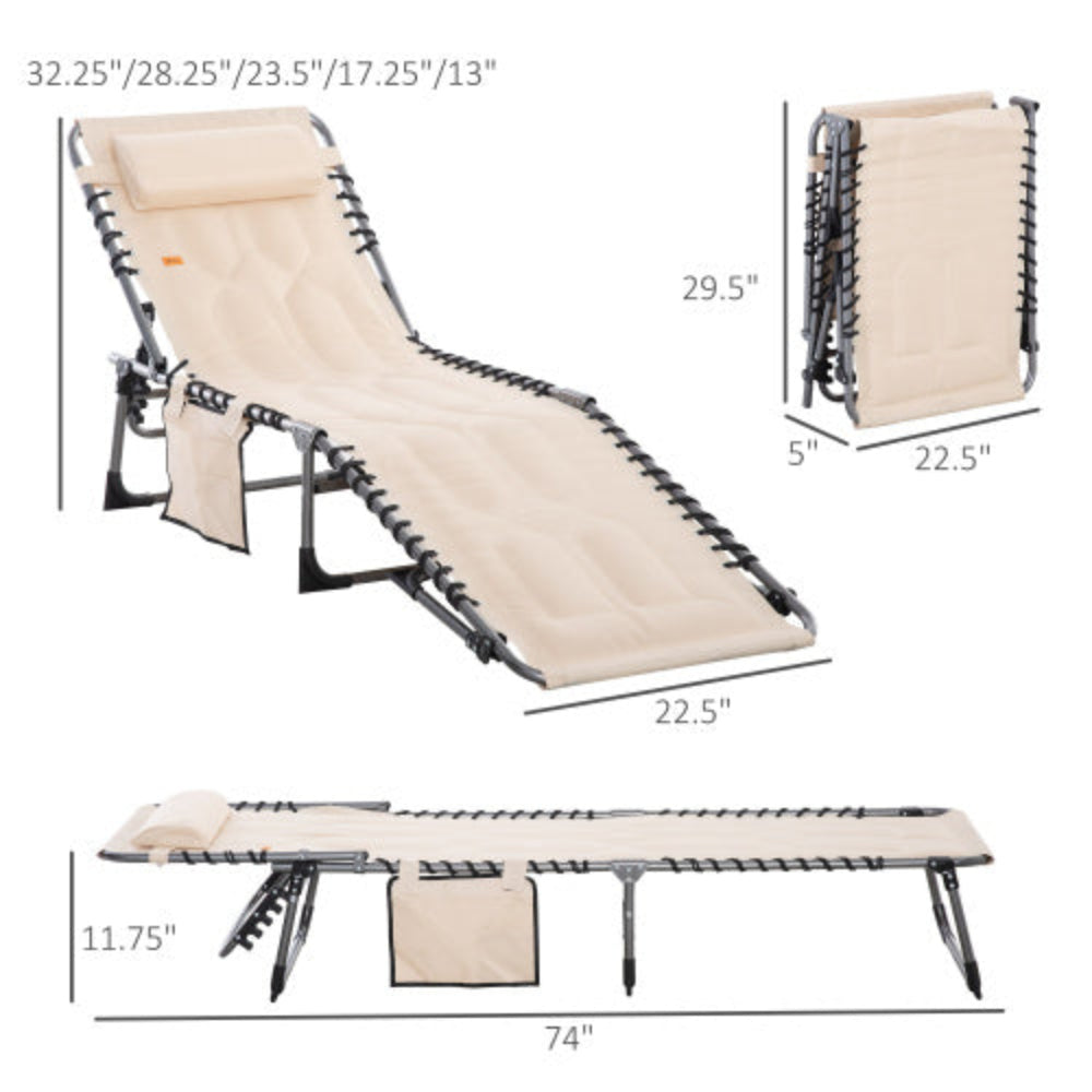 Padded Folding Chaise Lounge Chair, Outdoor Reclining Tanning Chair with Headrest for Beach, Yard, Patio & Pool, Beige