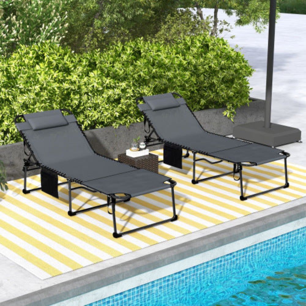 2-Piece Folding Chaise Lounge Chairs, Outdoor Tanning Chairs with Reading Face Hole, Side Pocket & Headrest for Beach, Yard, Patio, Gray