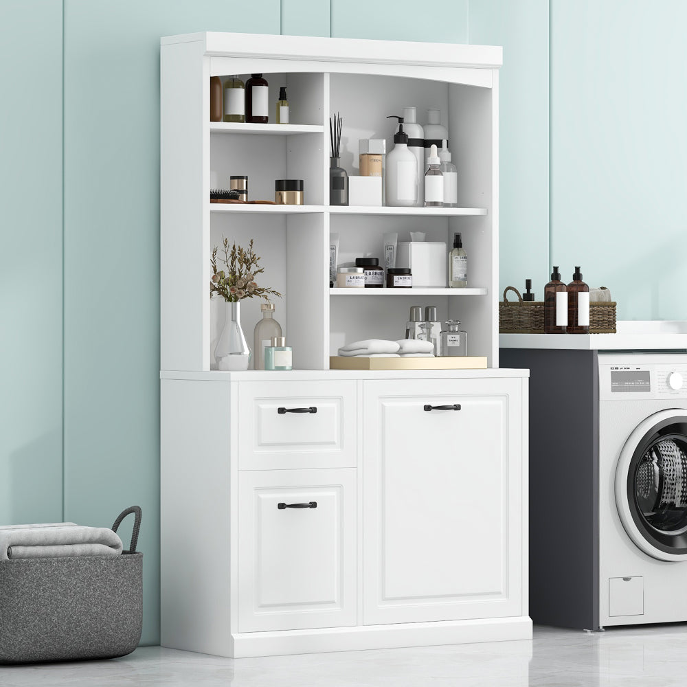 Chic Crate White Bathroom Tilt-Out Hamper Cabinet – 70.9" Tall Freestanding Organizer | Adjustable Shelves & Drawers | Steel Handles