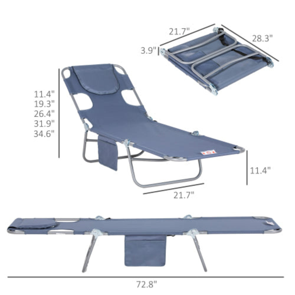Folding Beach Lounge Chair with Face Hole & Arm Slots, Adjustable Sun Lounger with Pillow for Patio, Garden, Beach & Pool, Gray