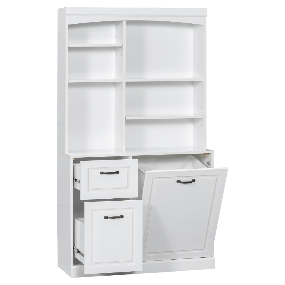 Chic Crate White Bathroom Tilt-Out Hamper Cabinet – 70.9" Tall Freestanding Organizer | Adjustable Shelves & Drawers | Steel Handles